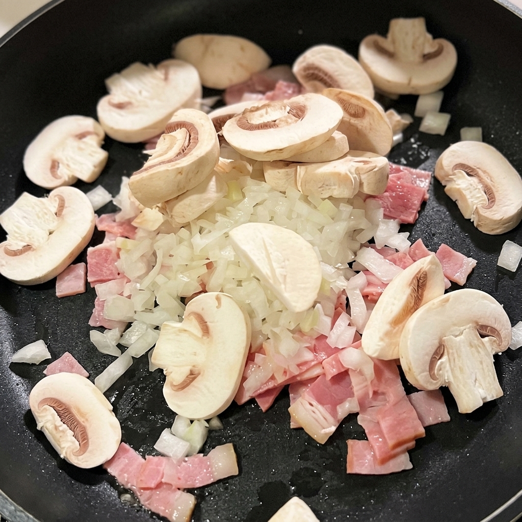Funghi affettati e cipolla tritata aggiunti alla pancetta che rosola in una padella nera.