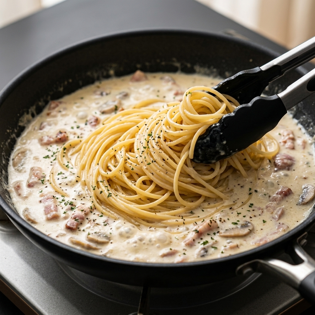 Pinze da cucina che mettono gli spaghetti nella padella con la crema di panna, pancetta e funghi.