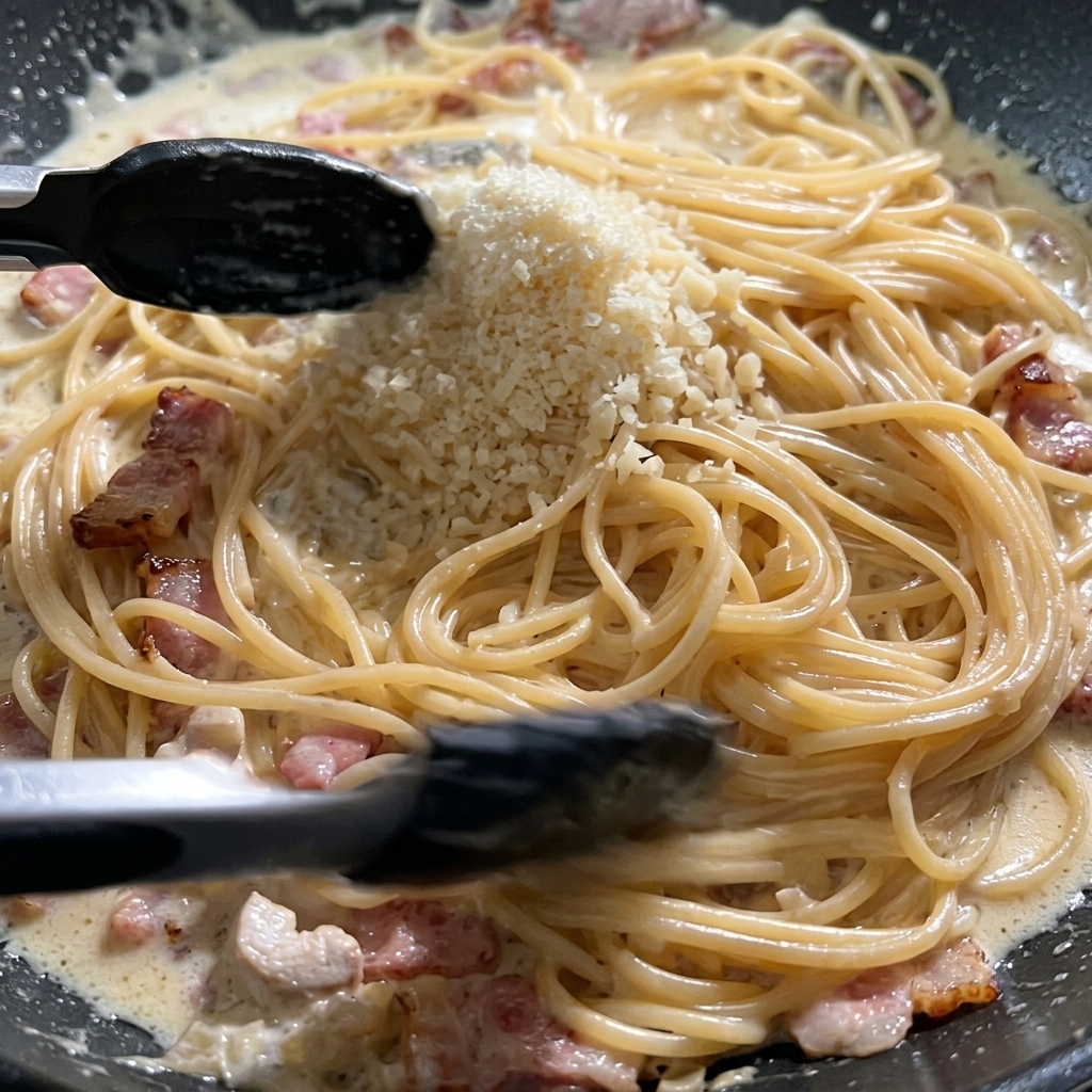 Parmigiano grattugiato sopra gli spaghetti alla carbonara cremosi in una padella scura.