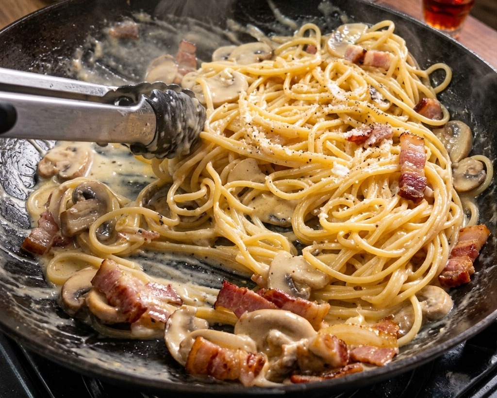 Pinze da cucina che saltano gli spaghetti in padella per amalgamare la salsa cremosa.