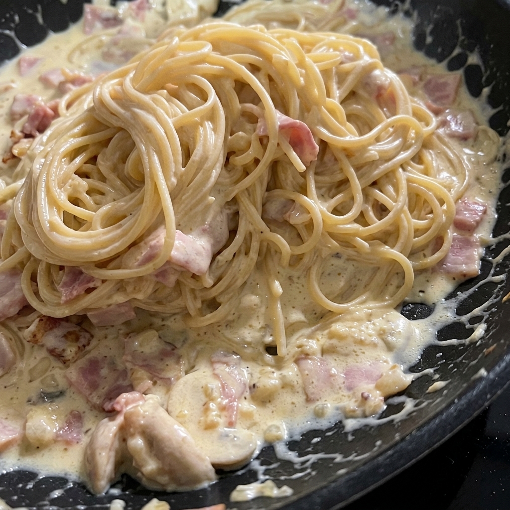 Spaghetti alla carbonara cremosi pronti con pezzi di pancetta e funghi ben visibili.
