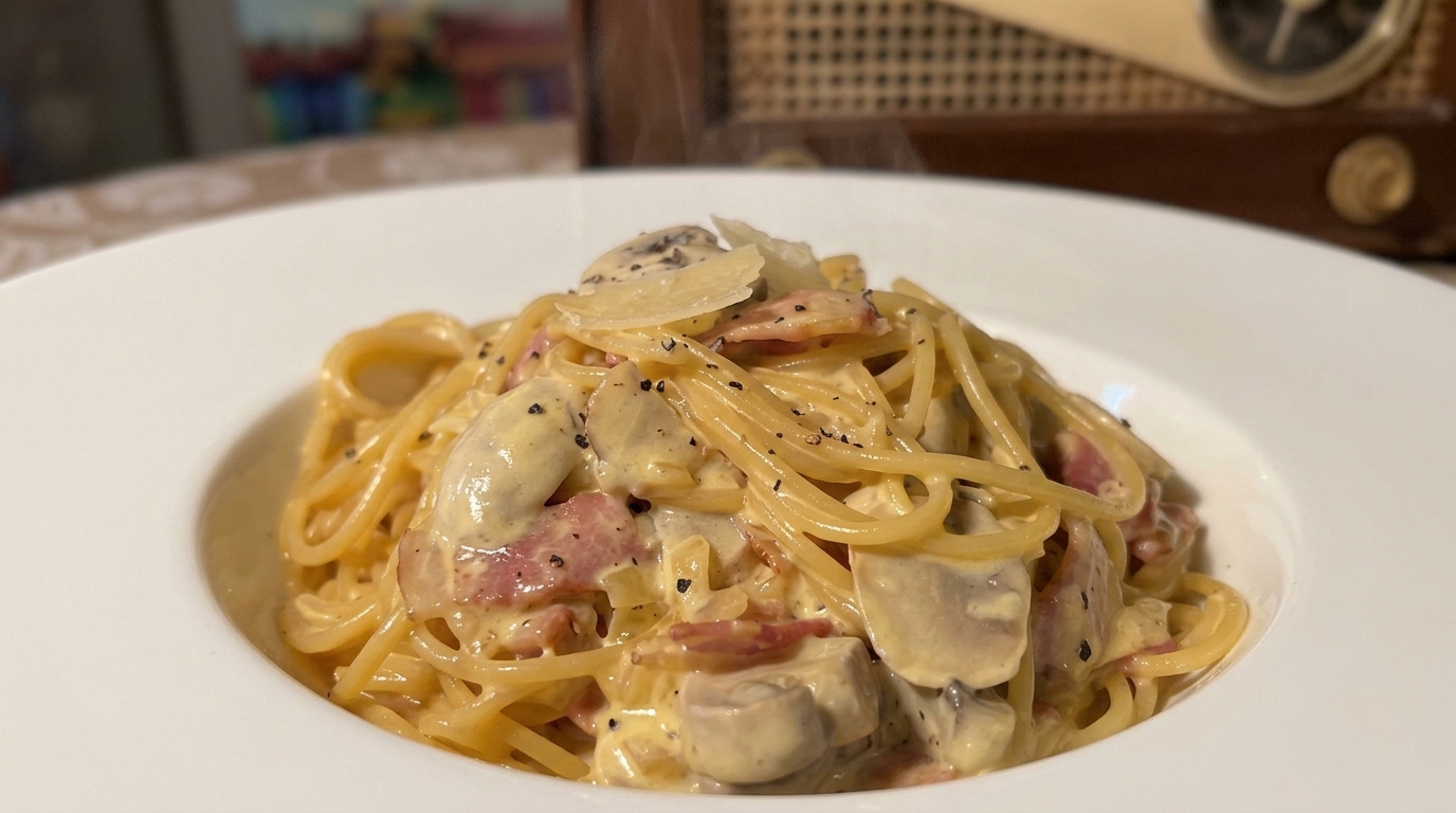Carbonara Cremosa con Funghi e Pancetta