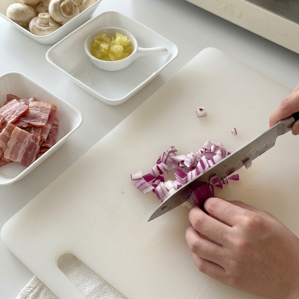 Mani che impugnano un coltello da chef per tritare finemente una cipolla rossa su un tagliere bianco.