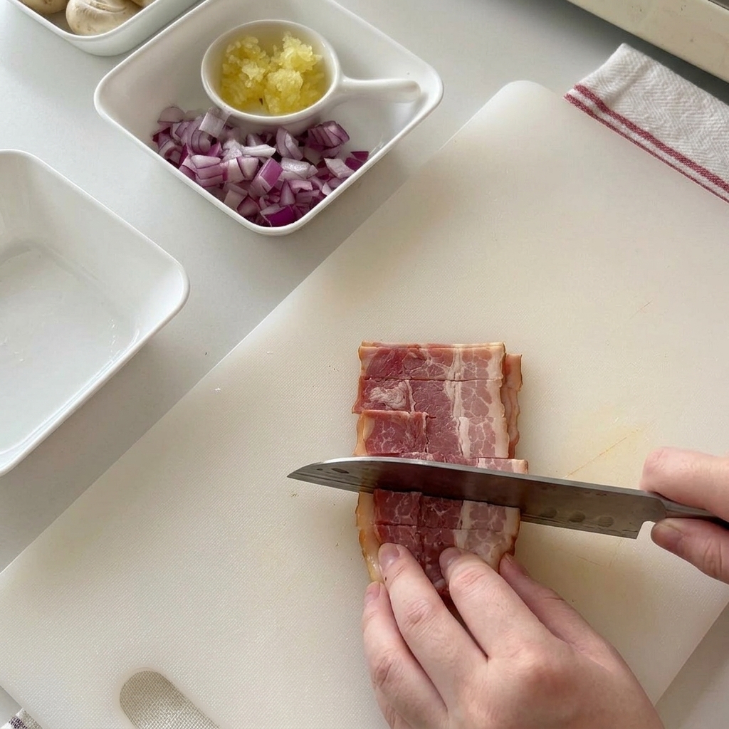 Taglio di strisce di pancetta cruda in piccoli pezzi rettangolari su un tagliere bianco.