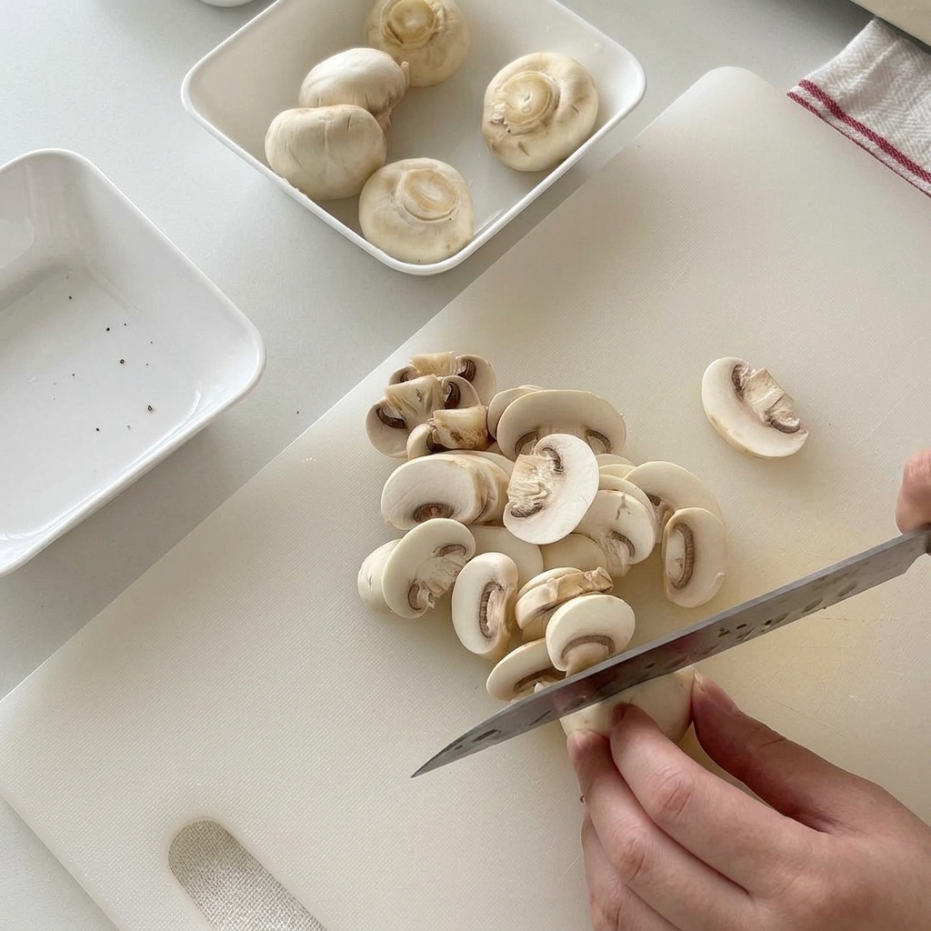 Funghi champignon bianchi affettati regolarmente su un tagliere bianco.