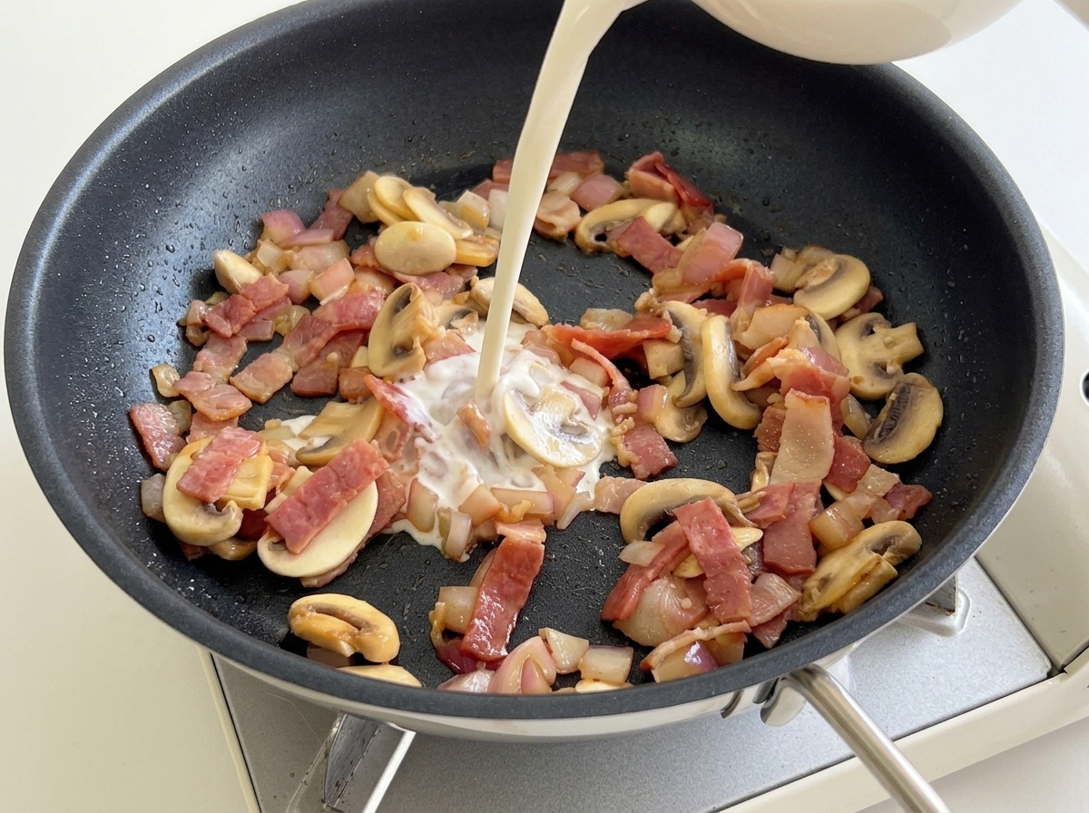 Latte versato da una ciotola bianca in padella con pancetta, funghi e cipolle.