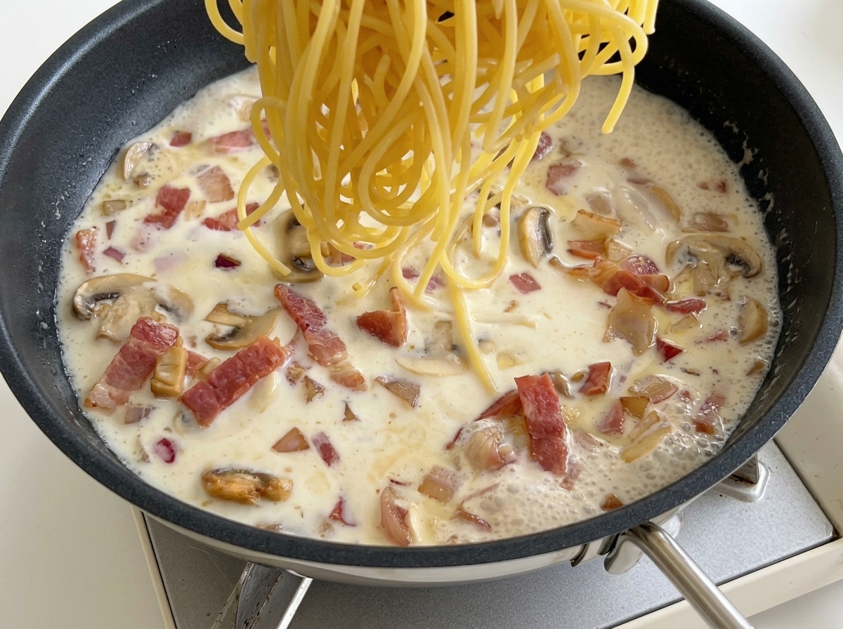 Spaghetti cotti inseriti in una padella con salsa al latte bollente, pancetta e funghi.