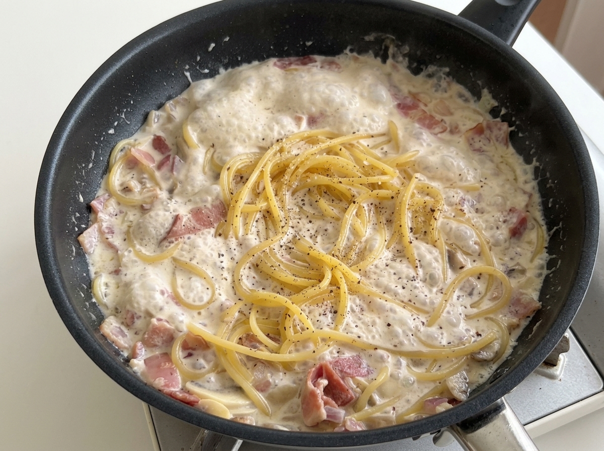 Spaghetti che cuociono in salsa bianca con pancetta e funghi, spolverati con pepe nero in una padella nera.