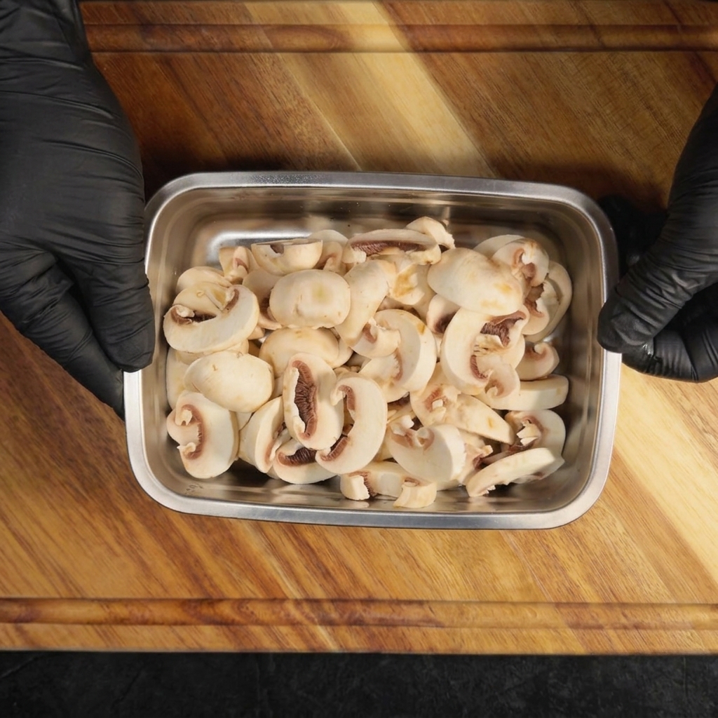 Un vassoio di metallo con funghi champignon affettati uniformemente sopra un tagliere di legno.