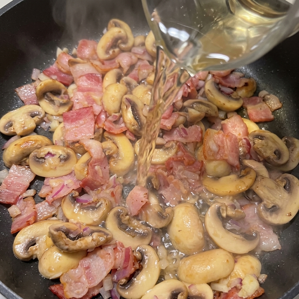 Vino bianco versato in padella sugli ingredienti sfrigolanti.
