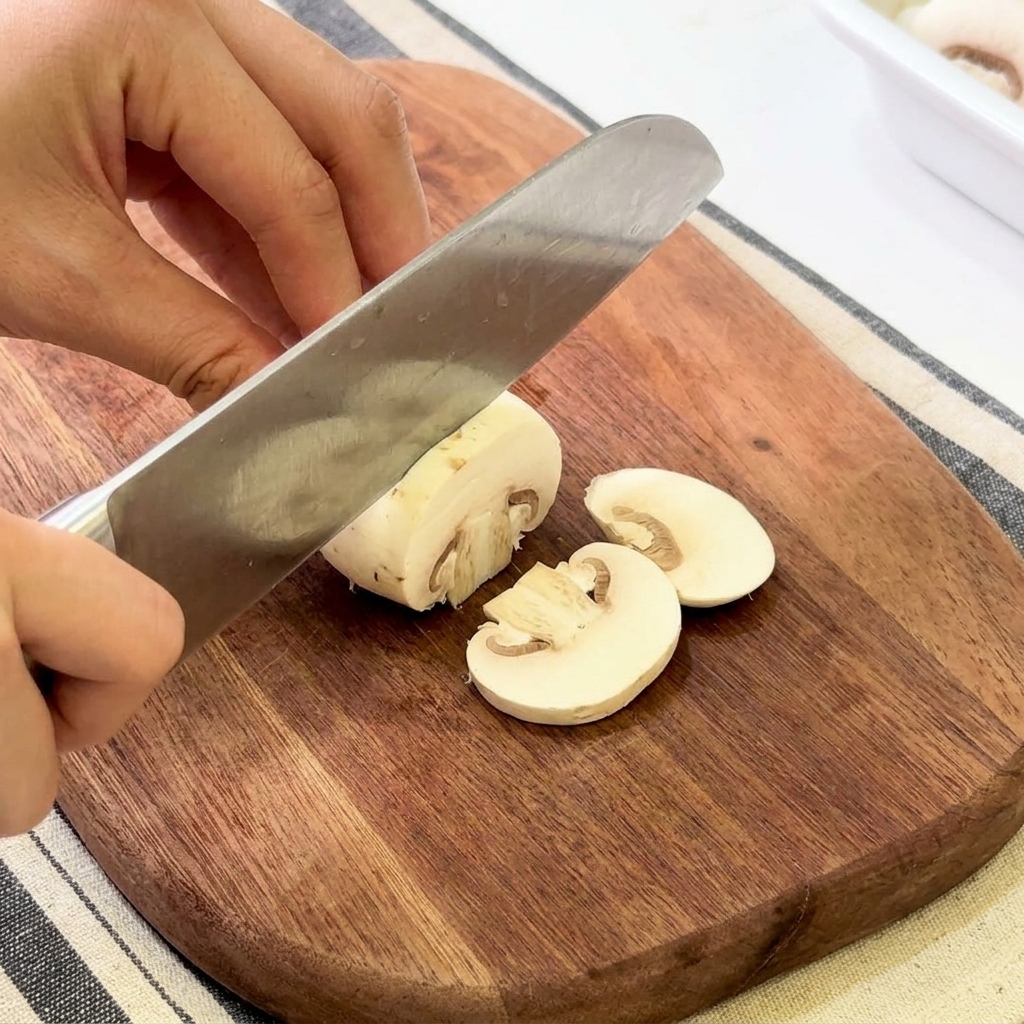 Mani che usano un coltello da chef per affettare funghi champignon su un tagliere.