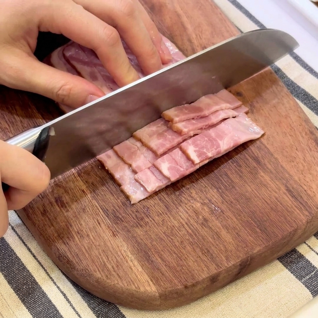 Un coltello affilato che taglia strisce di pancetta cruda in piccoli pezzi su un tagliere.