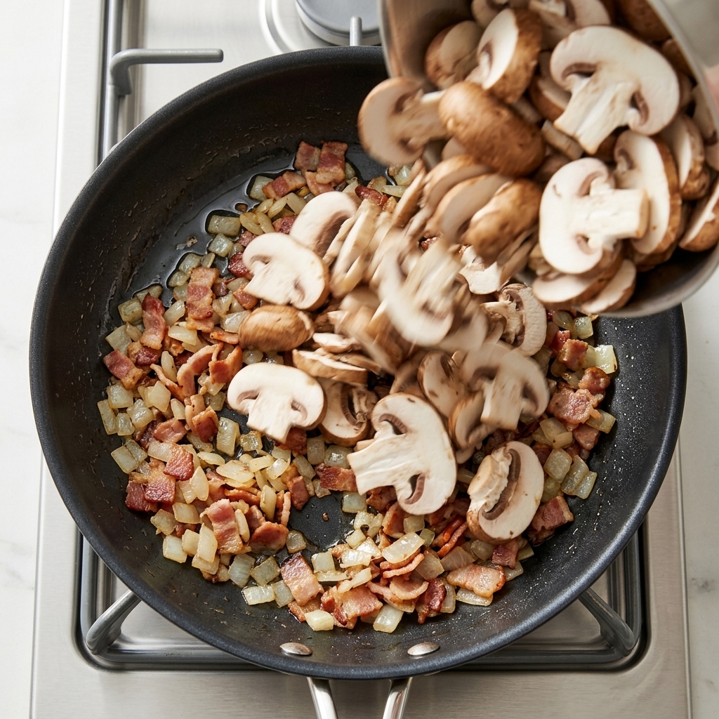 Funghi affettati versati in una padella calda con pancetta e cipolla soffritta.