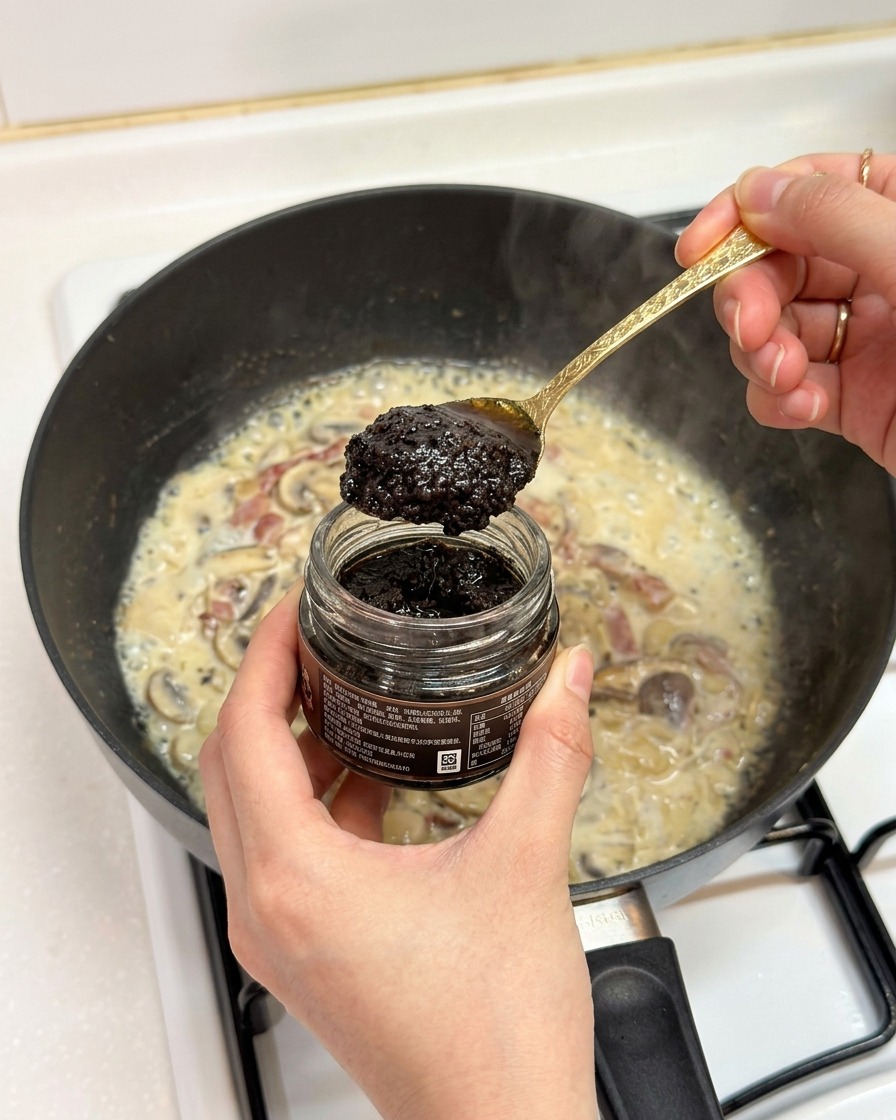 Una mano con un vasetto di crema di tartufo nero che usa un cucchiaio per aggiungerne una dose in padella.