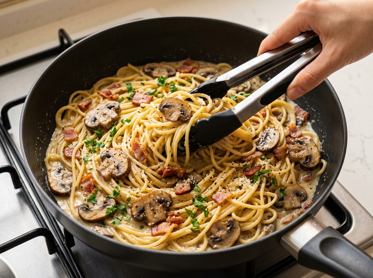 Pinze che saltano spaghetti con funghi, pancetta e prezzemolo in una salsa cremosa.