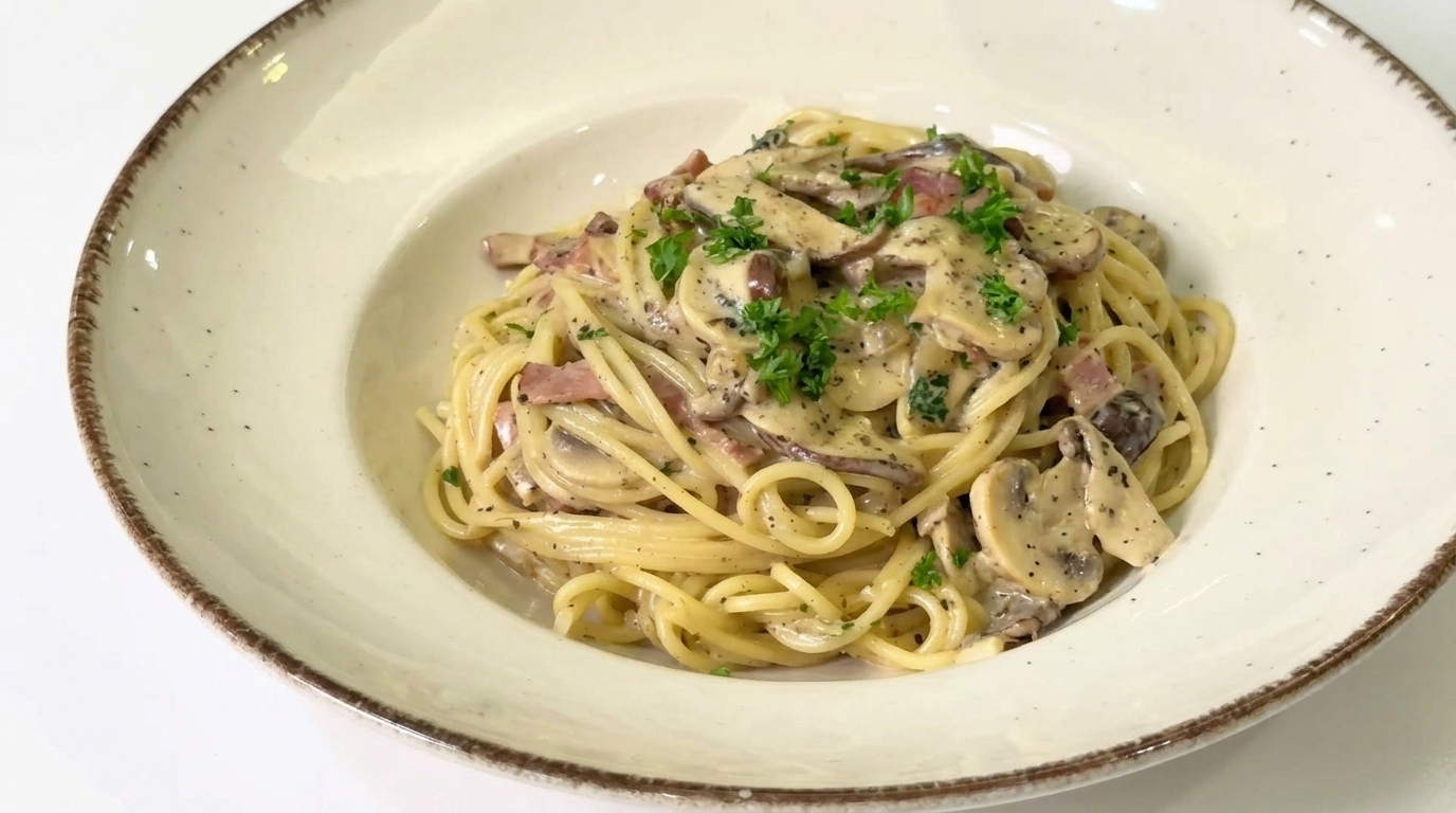 Spaghetti Cremosi al Tartufo Nero con Funghi e Pancetta