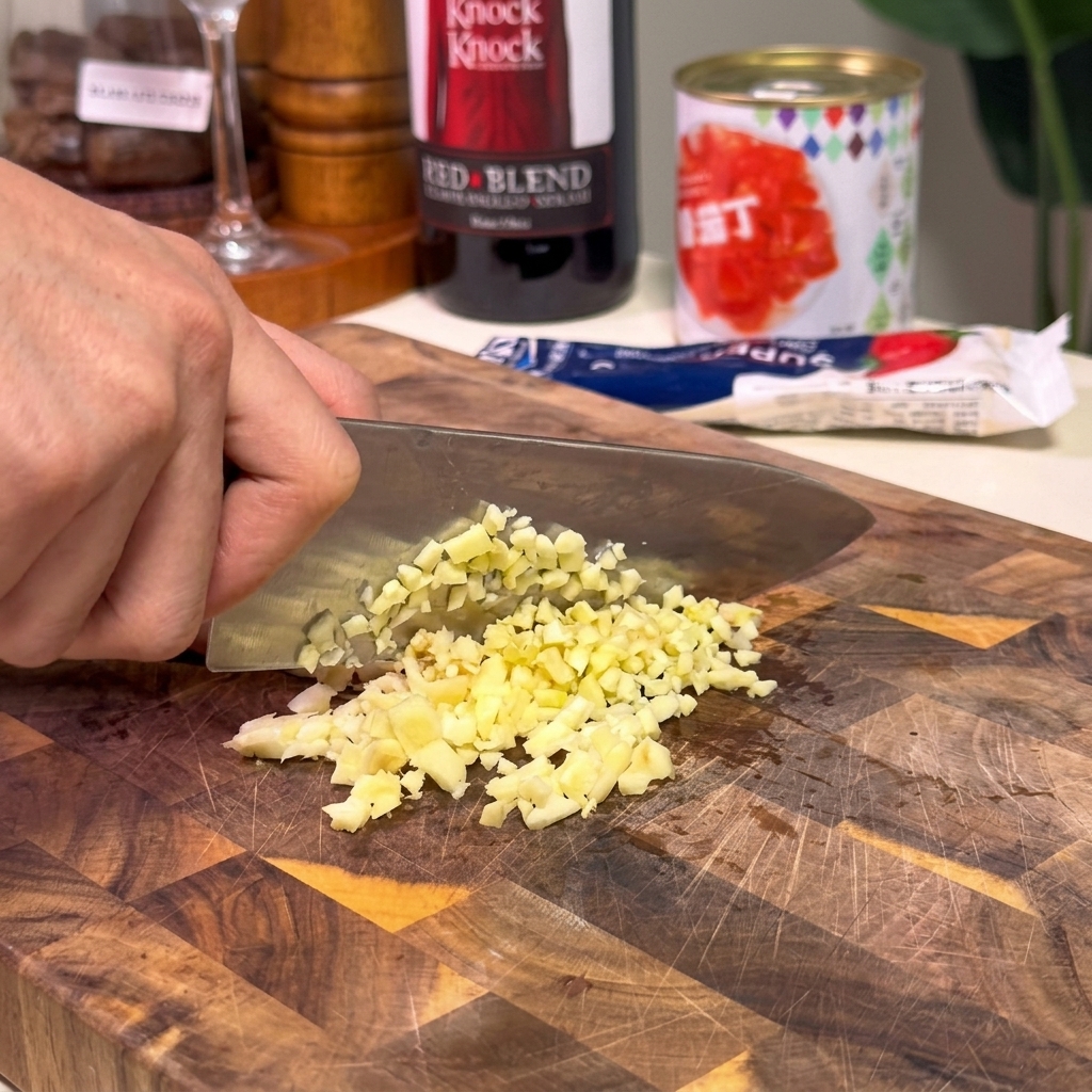 Dettaglio di una mano che usa un coltello da chef per tritare finemente spicchi daglio fresco su un tagliere di legno.