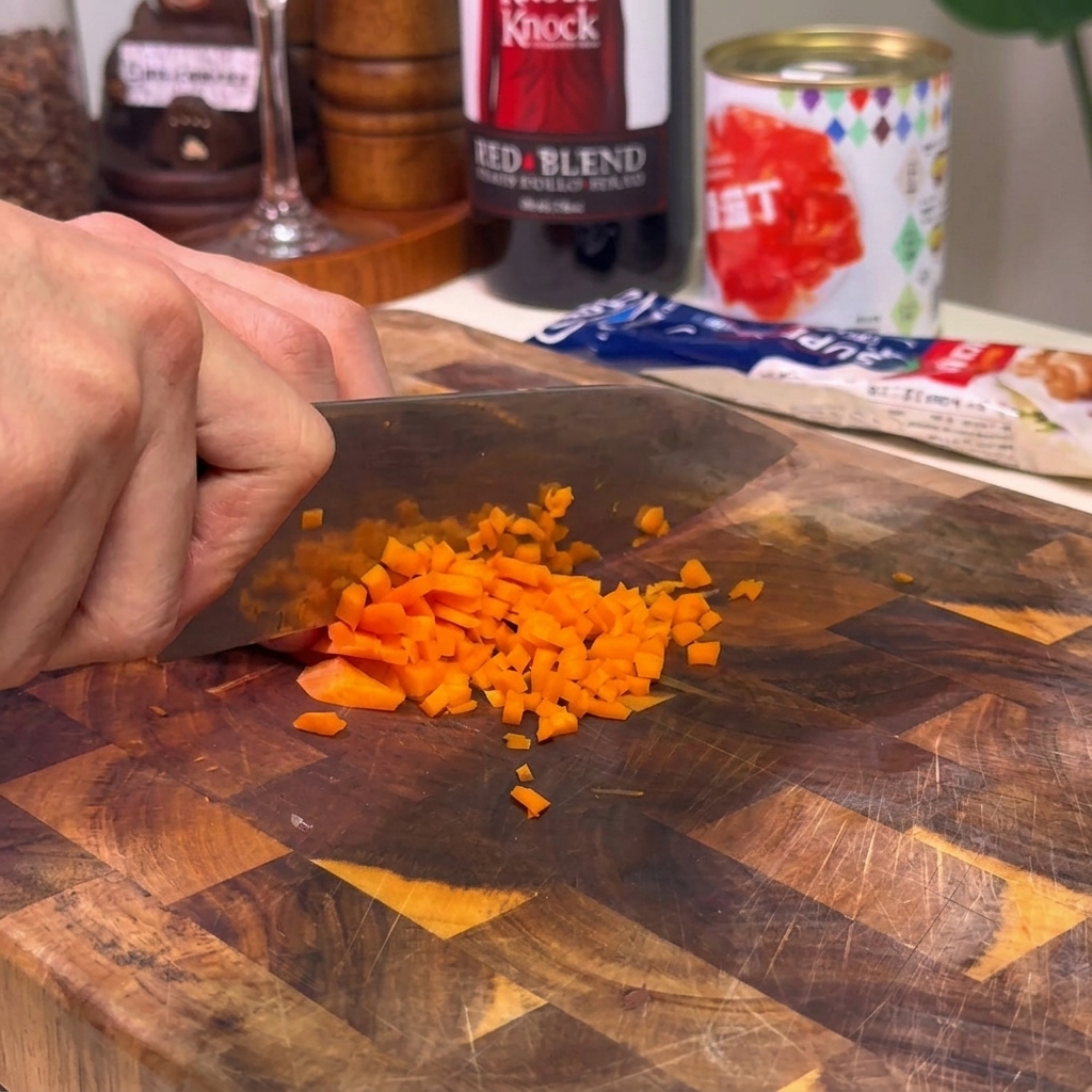 Mano che usa un coltello per tritare finemente carote arancioni brillanti su un tagliere in legno.