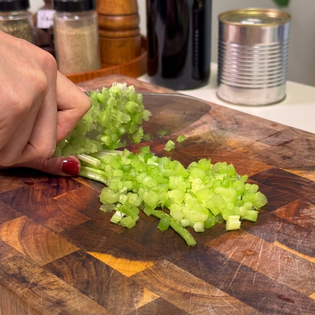 Mano che taglia gambi di sedano fresco in piccoli pezzi uniformi su un tagliere.