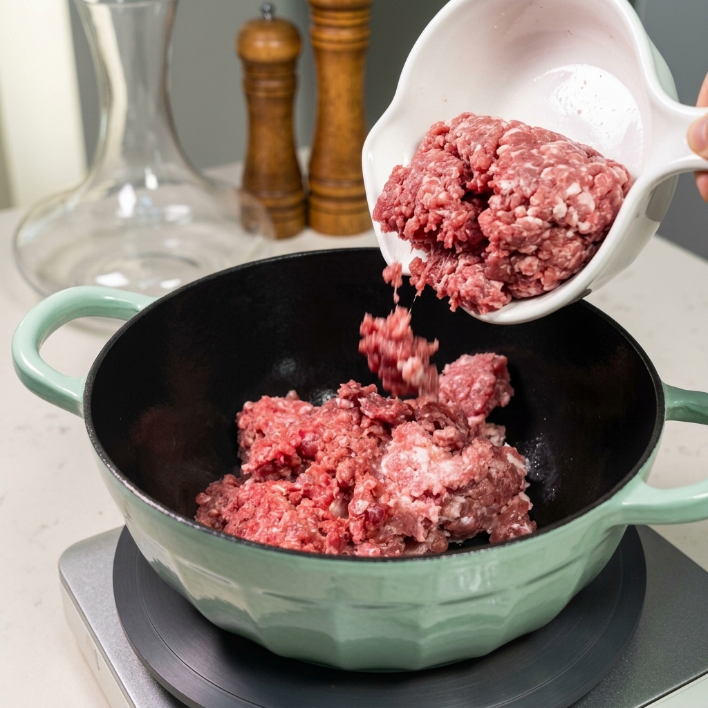 Carne macinata di manzo e maiale versata da una ciotola bianca in una pentola di colore verde chiaro.