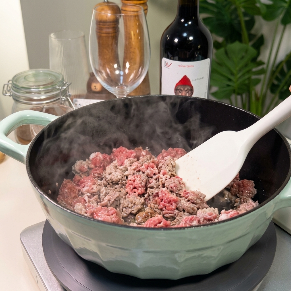 Carne macinata mescolata con una spatola bianca in pentola, con vapore visibile durante la rosolatura.