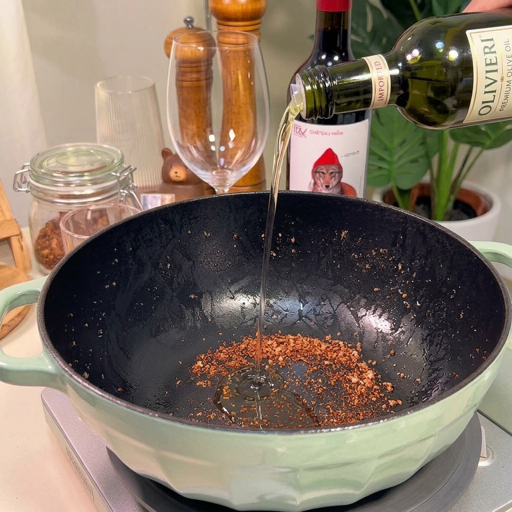 Olio doliva versato da una bottiglia di vetro in una padella scura con residui di carne rosolata sul fondo.