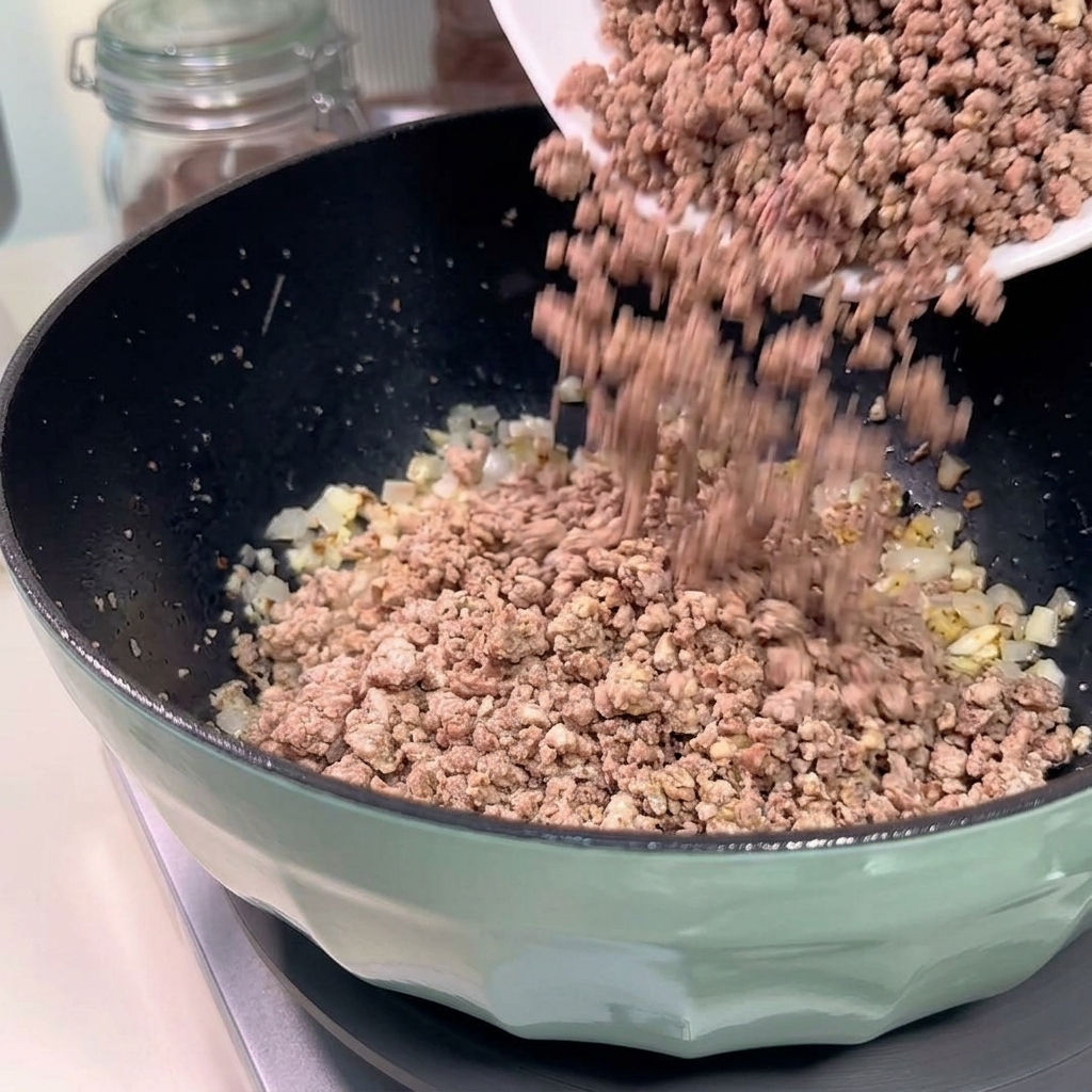 Versamento della carne macinata rosolata da un piatto bianco nella padella con il soffritto di cipolla e aglio.