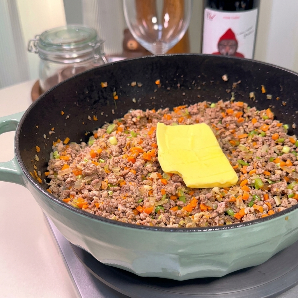 Un cubetto di burro giallo che si scioglie sopra il mix di carne e verdure in padella.
