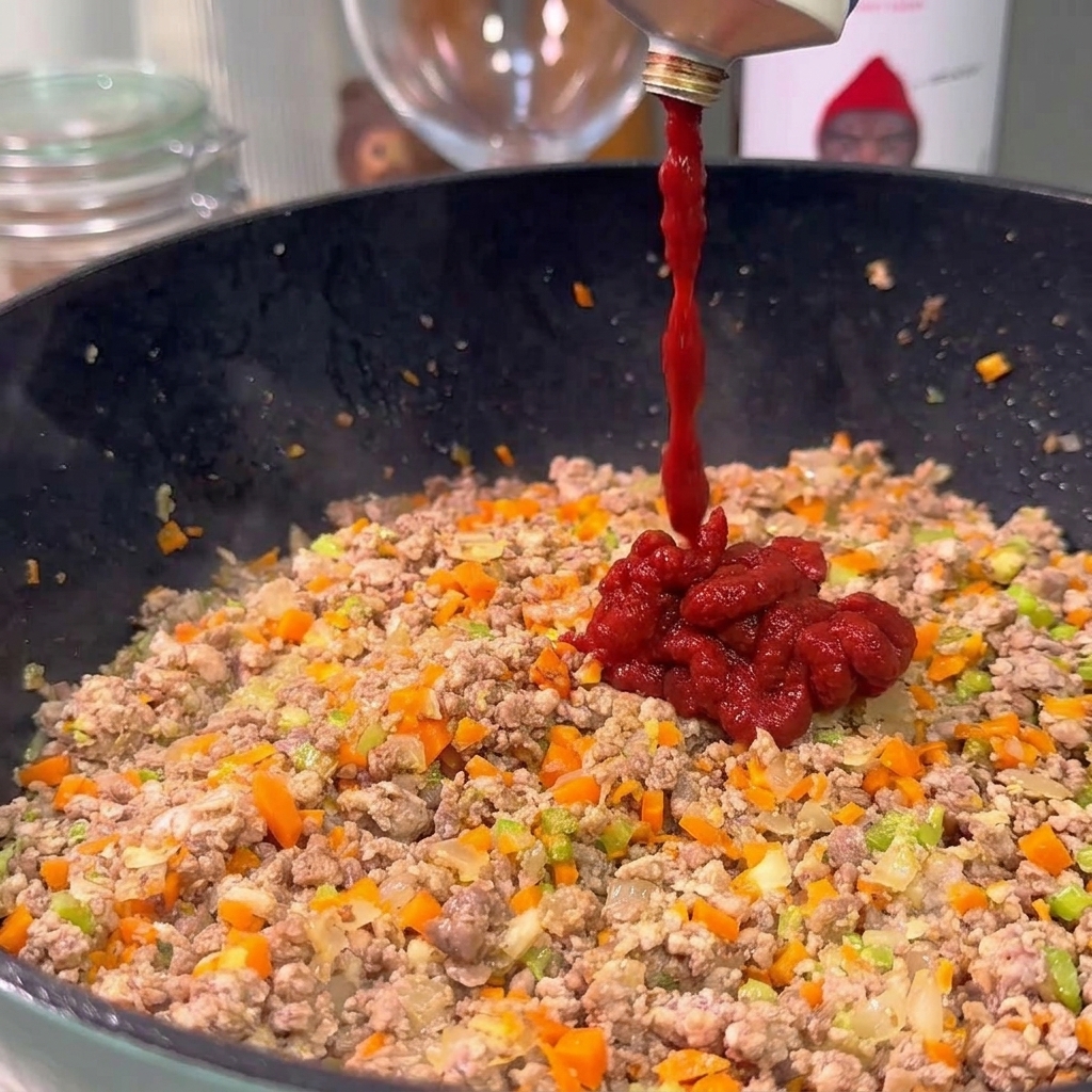 Concentrato di pomodoro rosso scuro spremuto direttamente in una padella calda con carne e verdure.