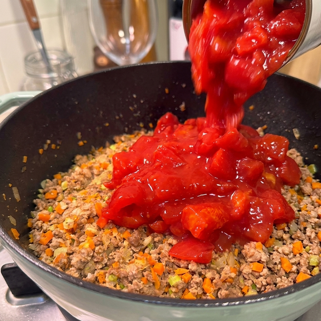 Versamento di polpa di pomodoro rosso brillante sopra il mix di carne e verdure in pentola.