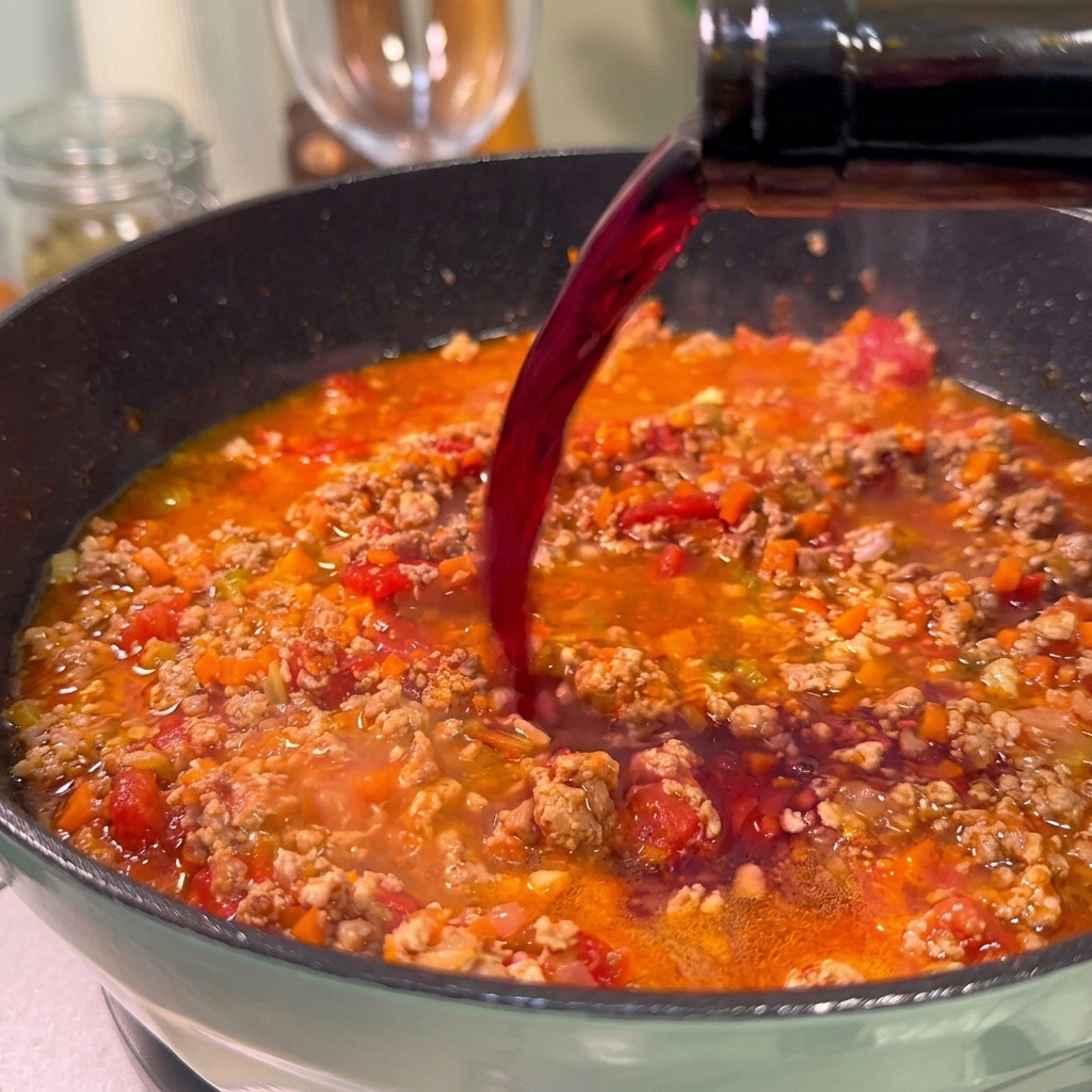 Vino rosso versato da una bottiglia di vetro nel sugo di carne che sobbolle.
