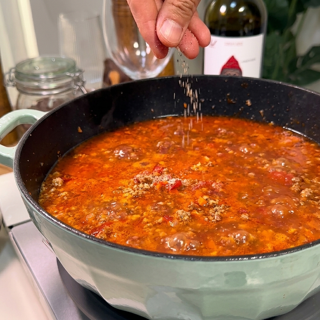 Mano che sparge un pizzico di sale e pepe nero macinato sopra una padella di ragù bollente.