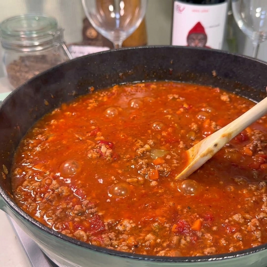 Cucchiaio di legno che mescola un ragù denso e rosso scuro che sobbolle in una pentola capiente.