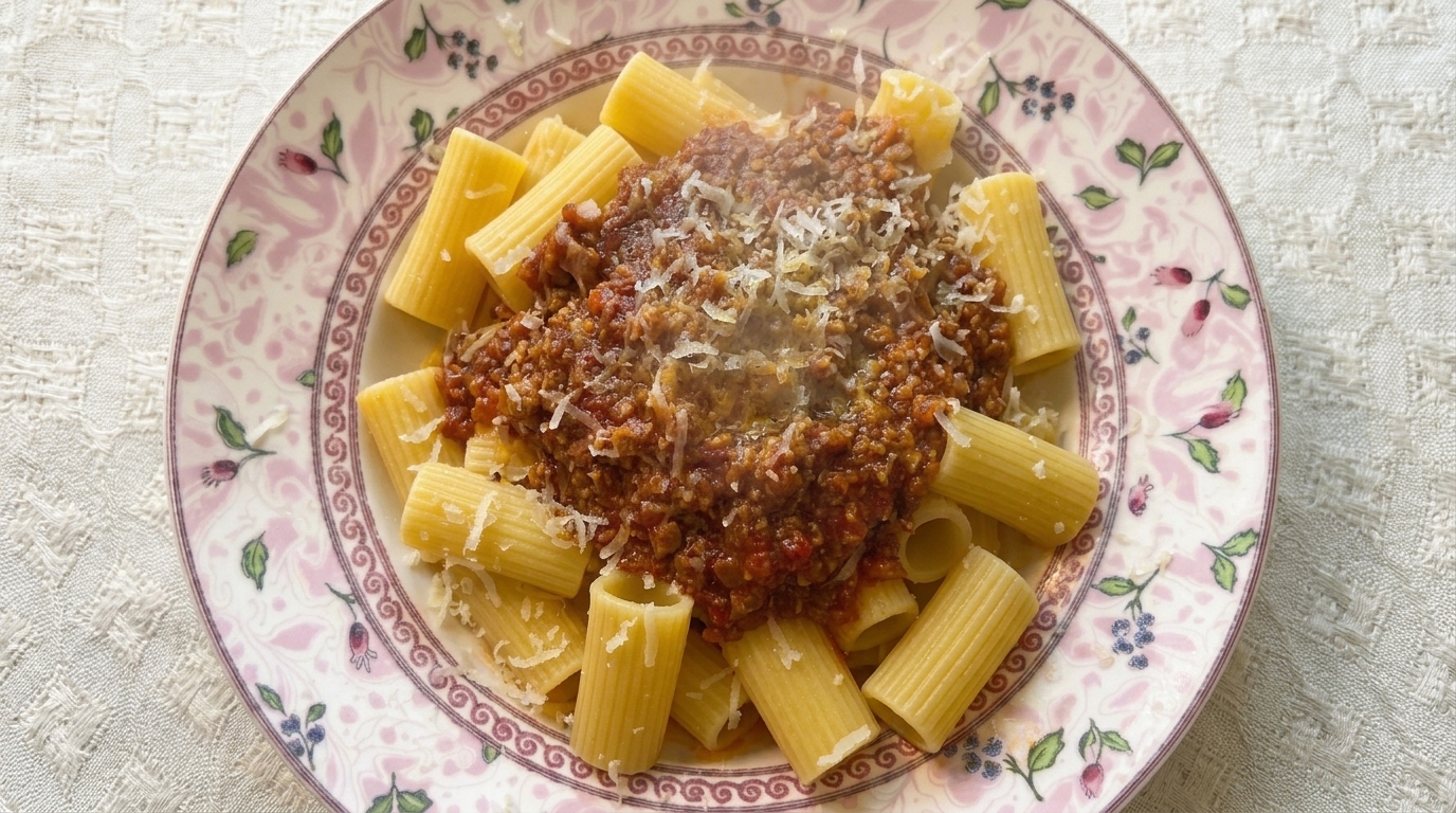 Un invitante piatto di rigatoni conditi con abbondante ragù alla bolognese fatto in casa e una spolverata di Parmigiano Reggiano fresco.