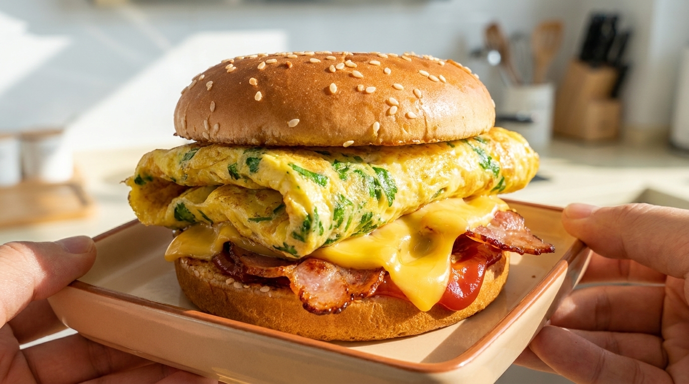 Burger per la Colazione Salutare in 10 Minuti con Omelette alle Erbe e Bacon
