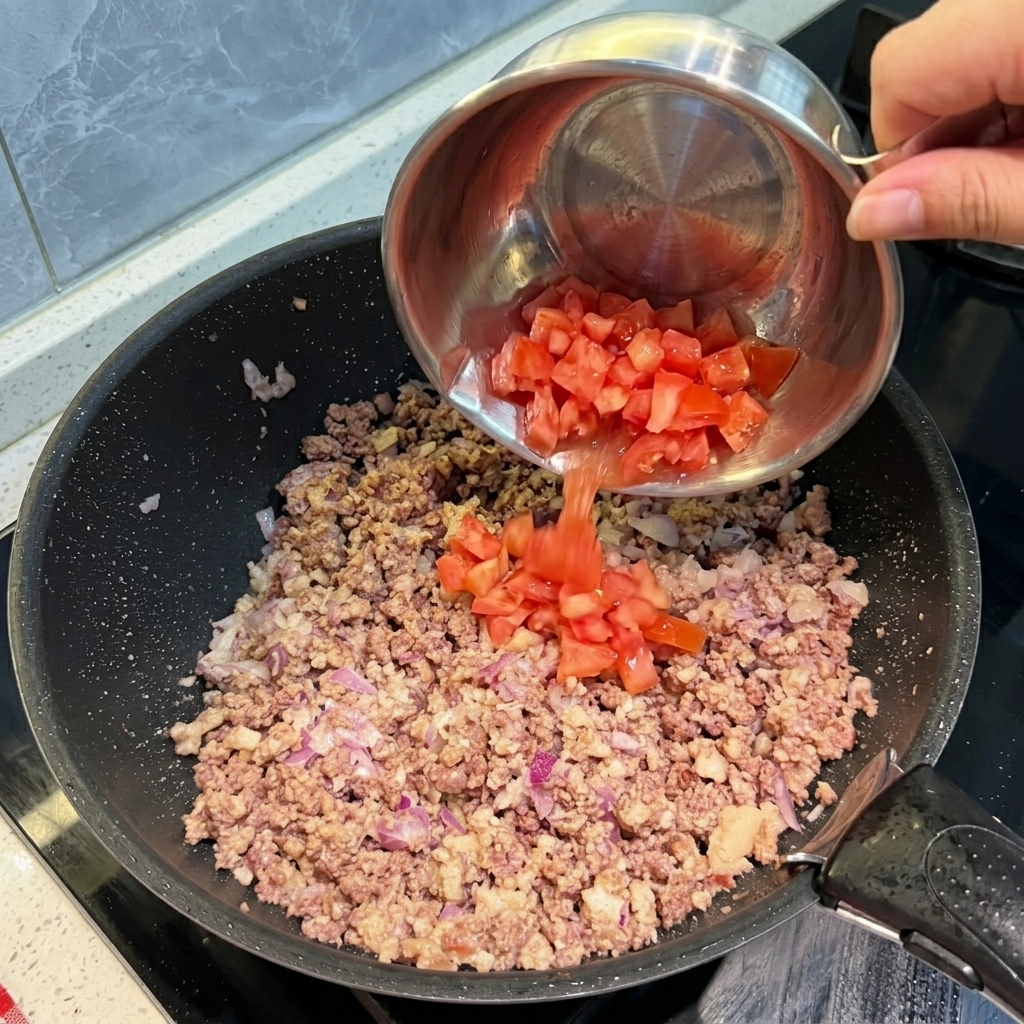 Una ciotola di metallo che versa pomodori a cubetti sopra la carne rosolata e le cipolle in una padella nera.