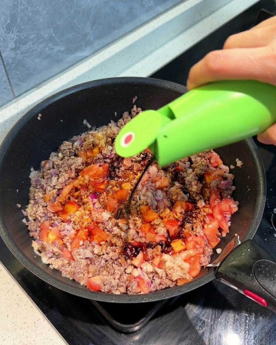 Salsa di soia scura versata da una bottiglia verde sulla carne e le verdure in una padella nera.