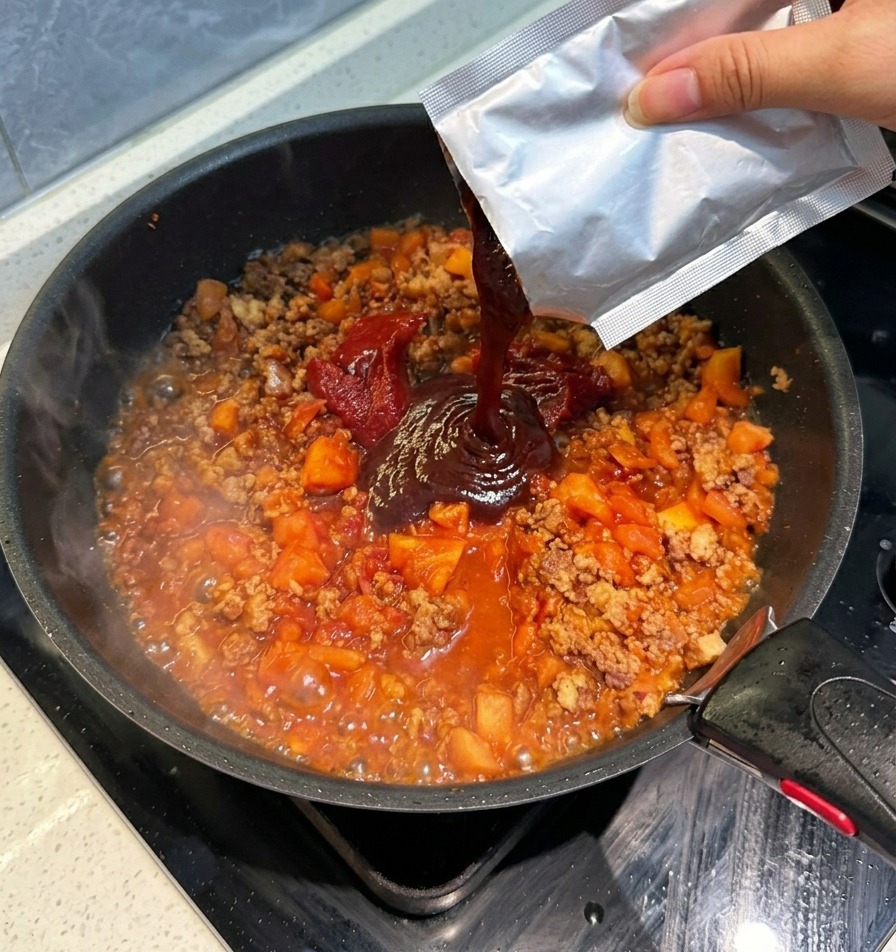 Una bustina di base per zuppa di pomodoro spremuta in una padella con carne e pomodori a cubetti.