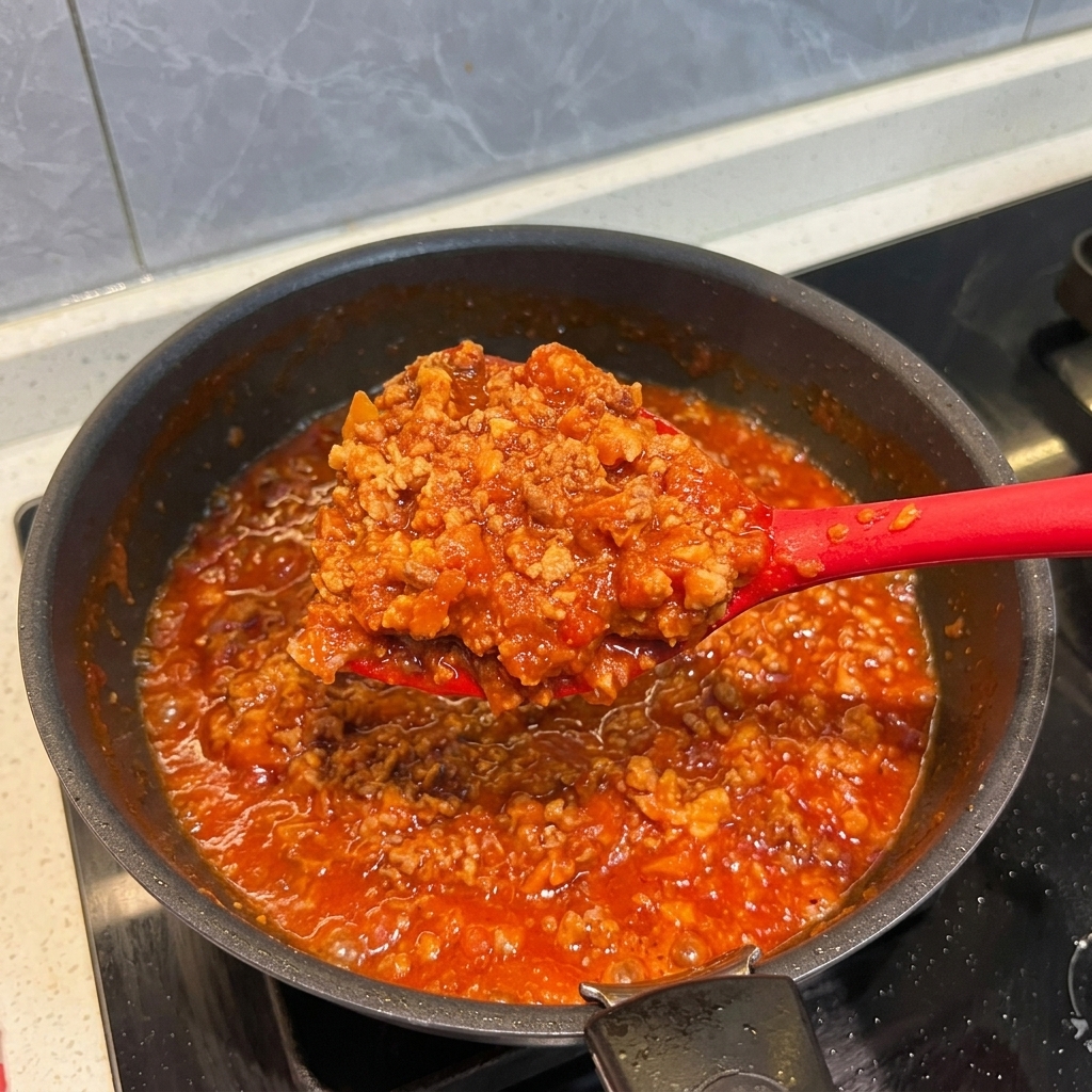 Una spatola rossa che solleva una generosa cucchiaiata di denso ragù di pomodoro da una padella in cottura.