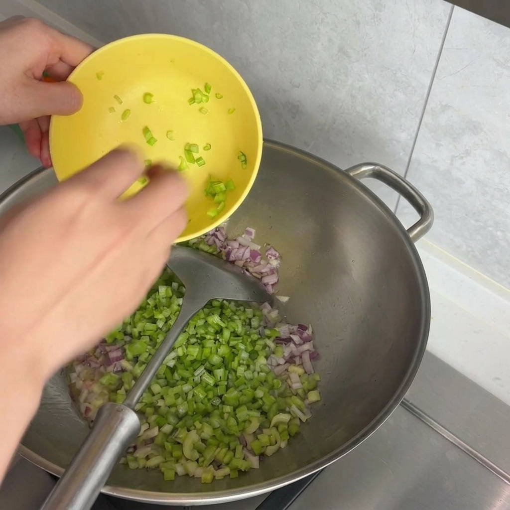 Mani che versano sedano e carote a dadini da una ciotolina gialla in un wok.