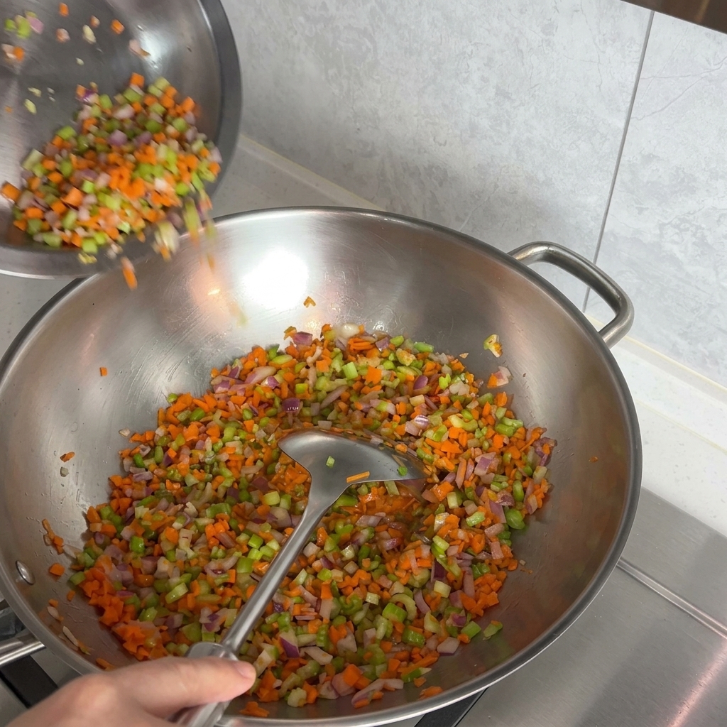Carote e sedano a dadini versati da una ciotola di metallo in un wok con il soffritto.