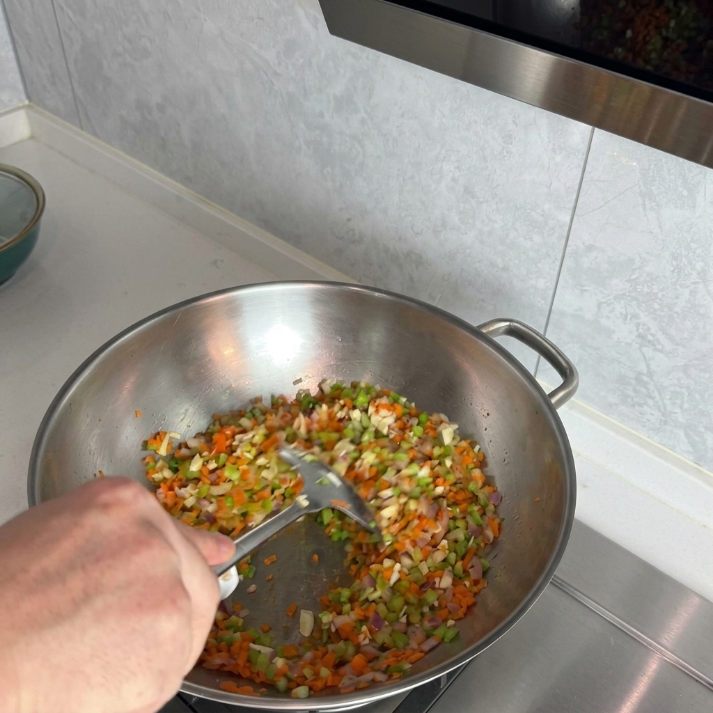 Una spatola mescola il trito colorato di cipolla, sedano, carote e aglio in un wok.