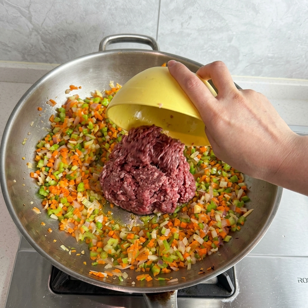 Una mano versa la carne macinata cruda da una ciotola gialla nel wok con le verdure soffritte.