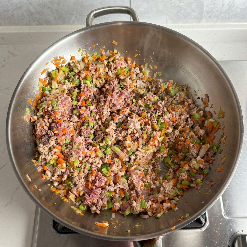 Carne macinata e verdure saltate in un wok, con la carne che appare ben cotta e rosolata.