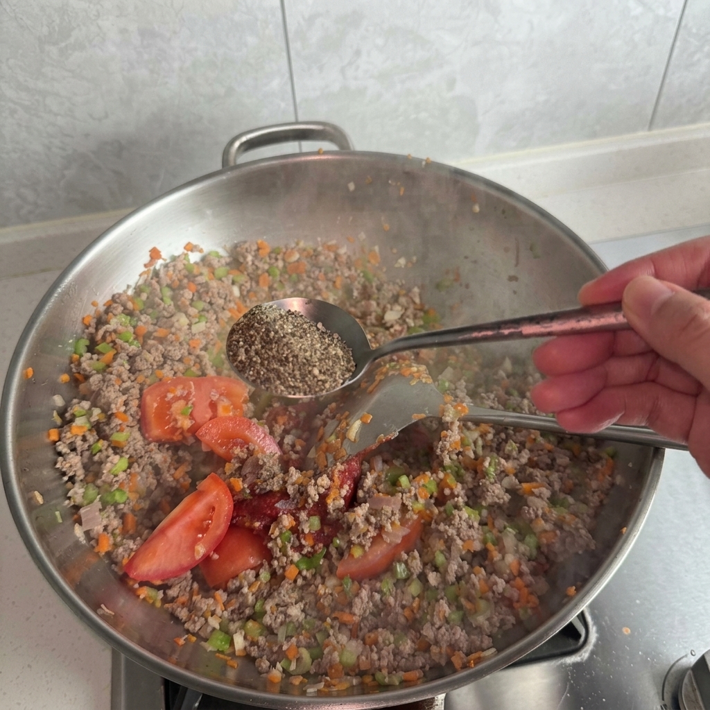 Un cucchiaio di metallo con una generosa dose di pepe nero macinato sopra il wok con carne e pomodoro.