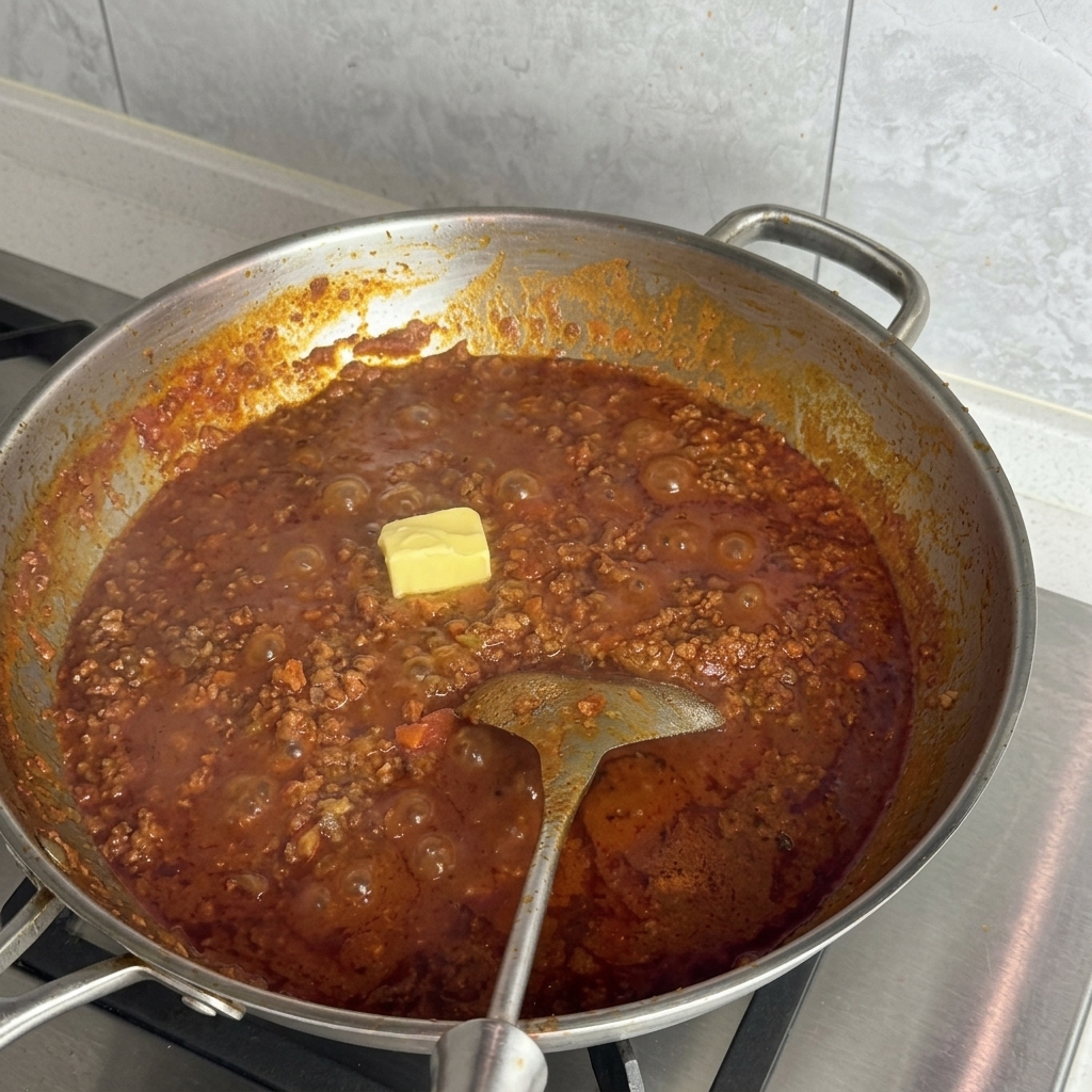 Un pezzetto di burro giallo al centro di una pentola di ragù di carne denso e bollente.