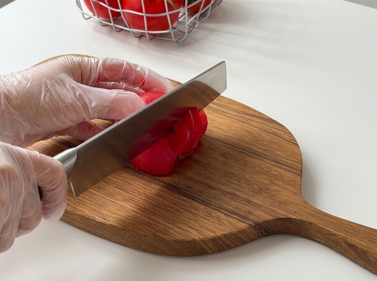 Mani con guanti usano un coltello dargento per tagliare un pomodoro rosso su un tagliere di legno.