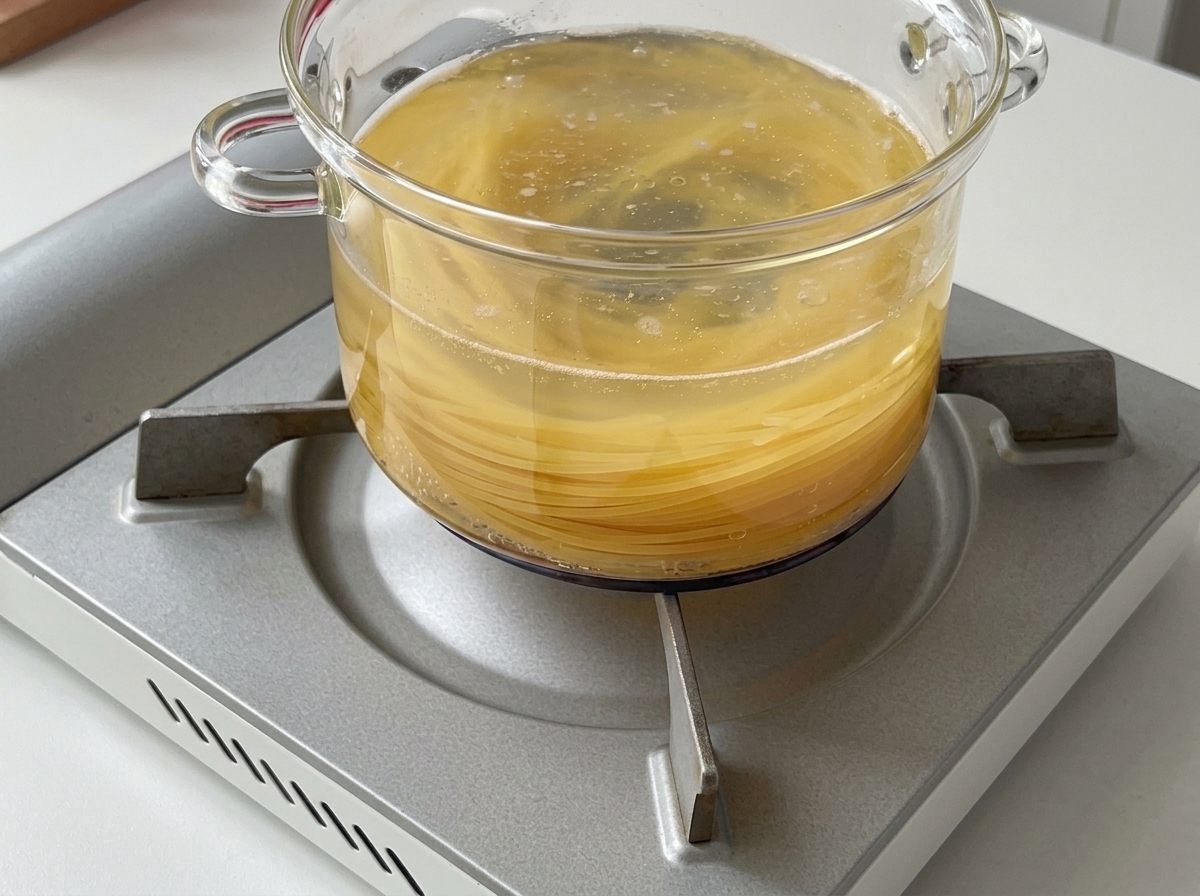 Spaghetti che bollono in una pentola di vetro con acqua gorgogliante su un fornello portatile.