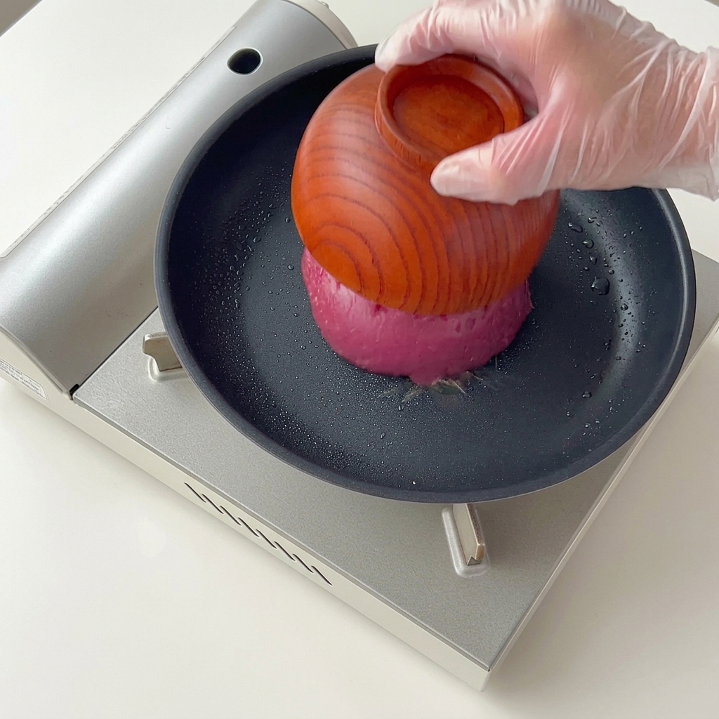 Una mano con guanto usa una ciotola di legno per versare carne macinata rosa in una padella antiaderente calda.