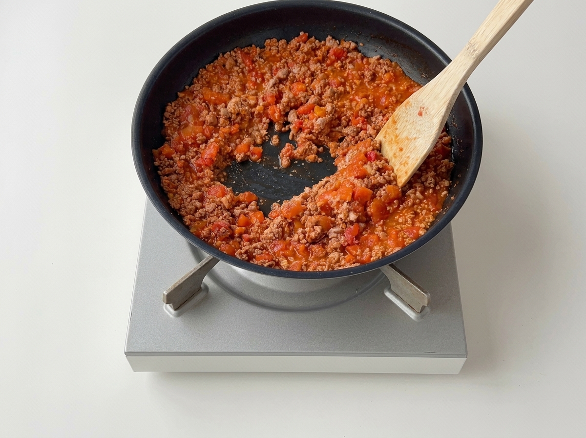 Una spatola di legno mescola la carne macinata e i pomodori ammorbiditi in padella.